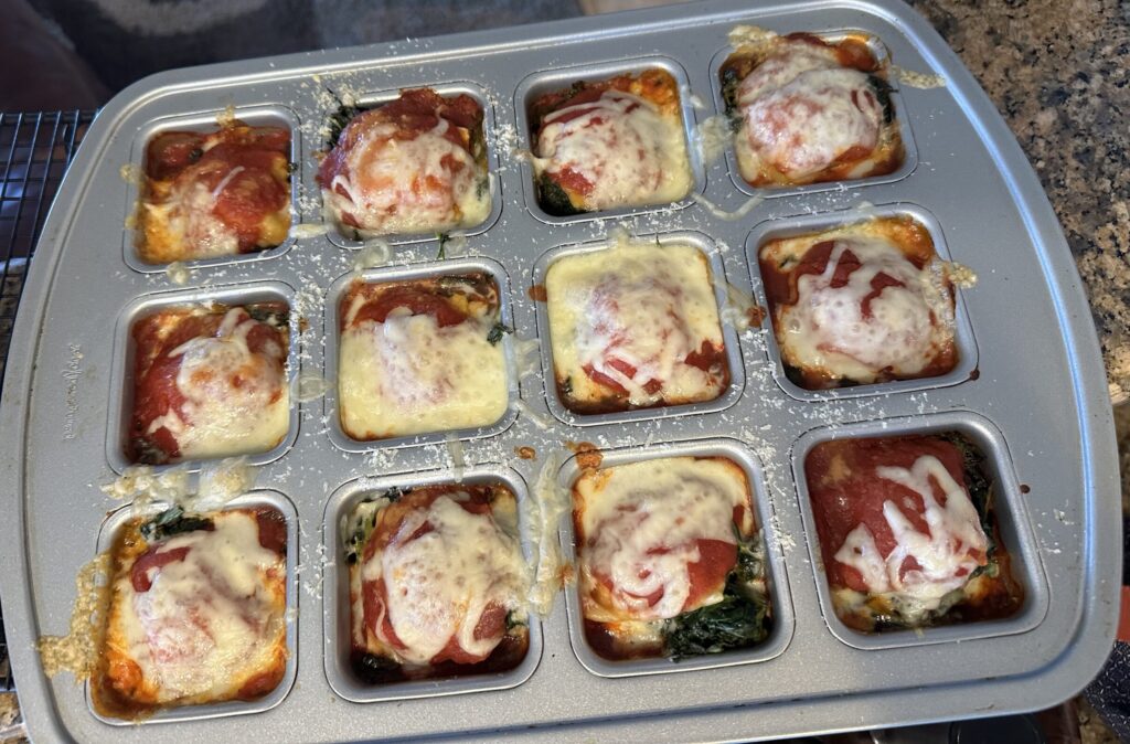 Individual ravioli lasagna squares baked in the Pampered Chef Brownie Pan