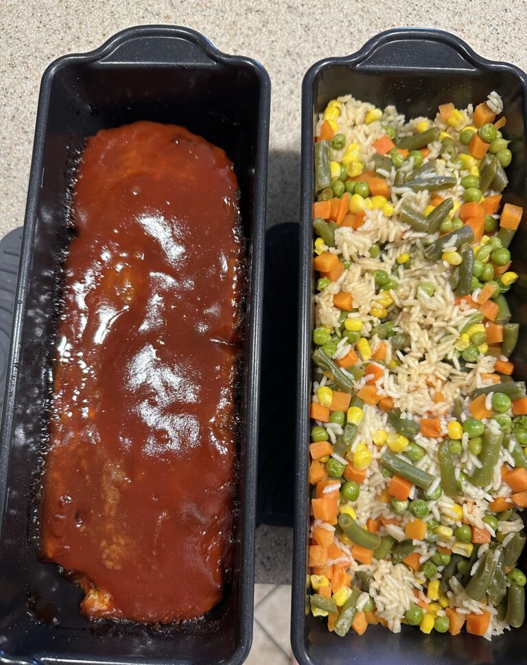 Teriyaki meatloaf with oven-fried rice baked side by side in loaf pans