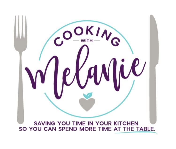 First Cooking with Melanie logo from 2017 with fork, knife, and the tagline Saving you time in your kitchen so you can spend more time at the table