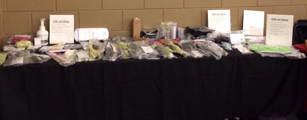 Early Pampered Chef vendor show display from November 12, 2016, with kitchen tools and gift set ideas arranged across the table